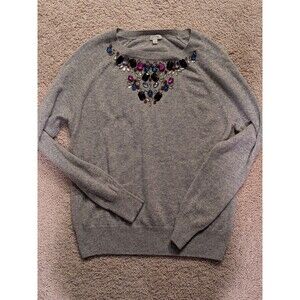 HALOGEN Cashmere Sweater Jewel Embellished Soft Scoop Neck Light Gray